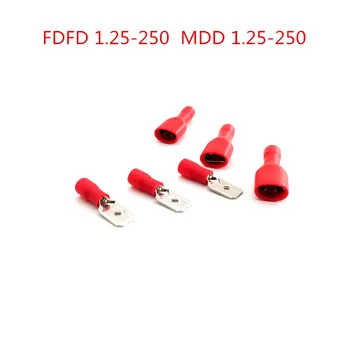 100 adet FDFD 1.25-250 Mdd1. 25-250 6.3 mm Kırmızı Kadın + Maça Yalıtım Elektrik Sıkma Terminal Konnektörü elektrik kablosu Fişi