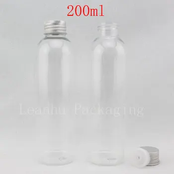 200 ML Şeffaf Yuvarlak Plastik Şişe Alüminyum Kap, Şampuan / Losyon Alt şişeleme, boş Kozmetik Konteyner ( 30 Adet / grup )