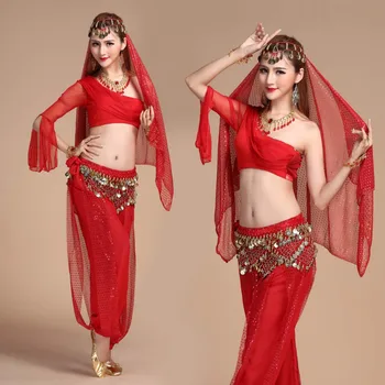 2017 Yeni Seksi Oryantal Dans Kostüm Set 5 ADET(Üst+Pantolon+Bel Zinciri+peçe+Bilezik çifti) Bollywood / Hint Dans Kostümleri Giyim