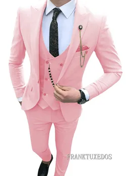 2019 Yeni Marka Pembe Resmi Erkek Takım Elbise Sıska Evlilik Balo takım elbise Smokin Tarzı Damat Blazer 3 Parça Terno Masculino