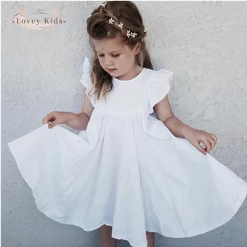 2021 Bahar Bebeğim Elbise Ruffle Sinek Boyun Sağlam Bir-line Mini Elbiseler Tatlı Bebek Keten Elbise Kol O Beyaz Prenses 