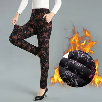 2021 Kadın Kış Yeni Orta Yaşlı pamuklu pantolonlar Kadın Kalın Sıcak İnce Pantolon Bayanlar Anne Yüksek Bel Baskı Tayt M685