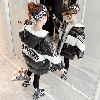 2021 Kızlar Kalınlaşmak Sıcak Aşağı Pamuk Ceket Kış Kapşonlu Rüzgar Geçirmez Yağmur Geçirmez Snowwear Moda Parlak Mektup Baskılı pamuklu ceket