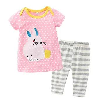 2021 Tavşan Pembe T-Shirt Çizgili Pantolon 2 Parça Setleri 1-10Y Yürüyor Çocuk Bebek Kız Giysileri Uzun Pantolon Kıyafet Takım Elbise Karikatür Desen