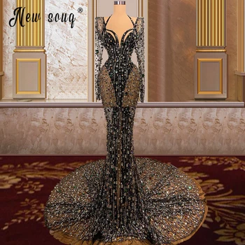 2022 Siyah Ağır Boncuklu Kadın Töreni Elbise Seksi Mermaid Elmas See Through Bodycon Parti Elbiseler Dubai Elbise Custom Made
