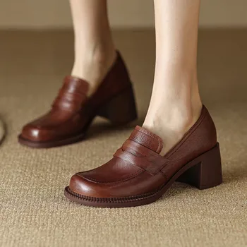 2023 Bahar Yeni Kadın Pompaları Vintage Tasarım Sığ 6cm Kare Yüksek Topuklu Fransız Şık Yuvarlak Ayak Zapatos Femme Chaussure Sarmaşık