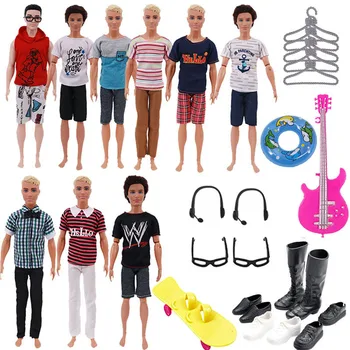 30 ADET Erkek Barbie Seti = 5 Set Giysi + 5 Raf+4 Çift Ayakkabı + 1 yüzme simidi + 1 Gitar + 1 Kaykay +2 Gözlük +2 Kulaklık
