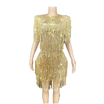 Altın Sequins Saçaklar Kolsuz Kısa Elbise Akşam Doğum Günü Parlak Kostüm Kadın Dansçı Gösterisi Parti Elbise