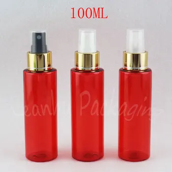 Altın Sprey Pompalı 100ML Kırmızı Düz Omuz Plastik Şişe, 100CC Boş Kozmetik Konteyner, Toner / Su Altı şişeleme