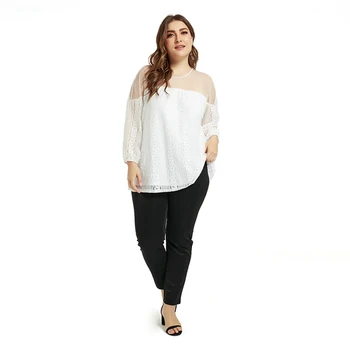 Artı Boyutu Kadın Örgü Bluz Moda See-through Dantel Uzun Kollu Bluz Sonbahar Gevşek Bluz Tops Siyah beyaz tişört Gömlek Kadın