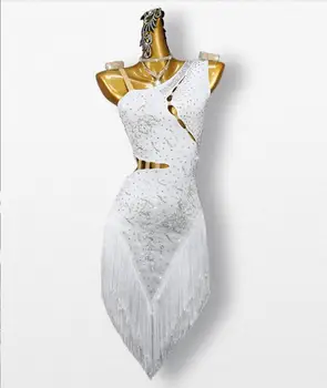 Beyaz Latin elbise saçak seksi rekabet kostüm Samba Rumba Salsa dans sahne parlak