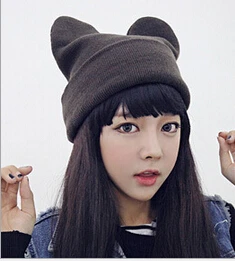 BomHCS Kore kış şapka erkek kadın şeytan boynuz örme kap kulaklar yün şapka güzel Panda şapka