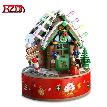 BZDA Şehir Noel Ağacı Kulübe Dönen Müzik Kutusu Mini Yapı Taşları Arkadaşlar Kar Evi Tuğla Noel Baba Oyuncaklar Çocuklar İçin Noel