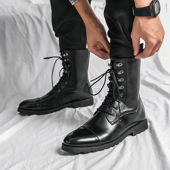 Erkekler Hakiki Deri Çizmeler Sivri Burun Lace Up Düşük Topuklu Kaymaz ayakkabı Erkek Açık Amerikan Retro kovboy çizmeleri Artı Boyutu 38-48