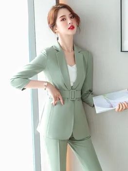 İlkbahar Sonbahar Kadın iş elbisesi Pantolon ve Ceket Setleri Üstleri Yeşil Blazer Bayanlar İş Üniforma Pantolon Takım Elbise