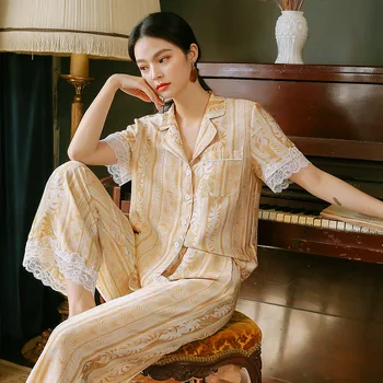 İlkbahar ve yaz pijama kadın yaka giyim takım elbise ipek gevşek giyim kısa kollu pantolon