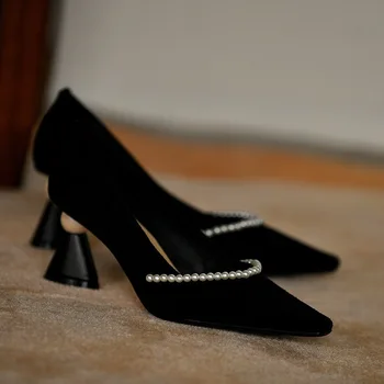 Kadın ayakkabısı 2022 Yeni topuklu ayakkabılar Küçük Kare Kafa Şeklinde Yüksek Topuklu Siyah Viskon Boncuklu Kalın Topuk Pompaları Kadın