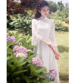 Kadın Vadi Işlemeli Inci Belsiz Seksi Cheongsam Vestidos Retro Elbise Yaz Geliştirilmiş Beyaz peri elbisesi