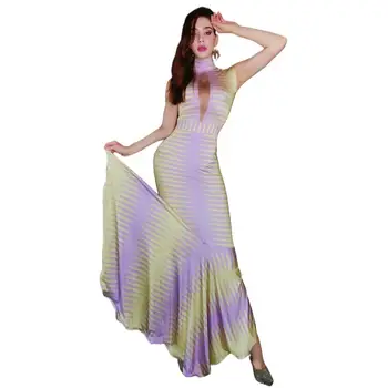 Kadınlar Seksi Sarı Mor Ekleme Spandex uzun elbise Kadın Dansçı Şarkıcı Bar Kat uzunlukta Kıyafet Balo Parti Akşam Dans Elbise