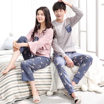 Kadınlar ve erkekler yeni çift pijama uzun kollu pantolon Kore 2019 ilkbahar ve sonbahar pamuk erkekler ve kadınlar sevimli pijama setleri