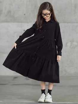 Kore Tarzı Çocuk Kız Sevimli Katı Turn Down Yaka uzun elbise 2022 Bahar Çocuk Giysileri Prenses uzun kollu parti elbisesi Q37