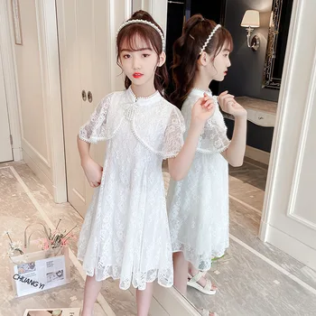 Kız Elbise Yaz Dantel Çocuklar Kızlar için Elbiseler Beyaz Boncuk Parti Elbise Zarif Prenses Kostüm 3 İla 16 Yıl Çocuk Giysileri