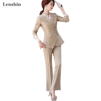 Lenshin Yüksek Kaliteli Kadın Takım Elbise İki Adet Dört Düğme Asimetri takım elbise Moda Ofis Bayan Blazer ve Flare Pantolon