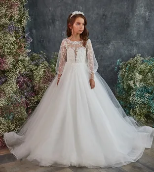 Lüks Fildişi Beyaz Kız Elbise Düğün İçin Parti Uzun Kollu Sheer Boyun Çocuk Prenses İlk Communion Elbise