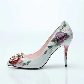 Marka Tasarım Kadın İlkbahar Sonbahar Ayakkabı Çiçek Baskı Pompaları Üzerinde Kayma Kristal Gelin Düğün Ayakkabı Parti Elbise İnce Yüksek Topuklu
