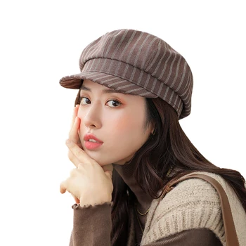 Moda Japon Tarzı Kahve Çizgili Sekizgen Şapka İlkbahar Ve Sonbahar İnce İngiliz Retro Gazeteci Şapkası Edebi Ressam Şapka Kadın