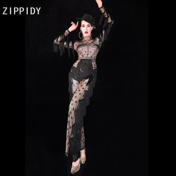 Moda Siyah Çıplak Nokta Saçak Tulum kadın Doğum Günü Balo Büyük Tayt Kıyafet Bar Kadın Şarkıcı Dans Sahne Elbise