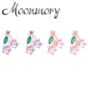 Moonmory 925 Ayar Gümüş Charm Mor Zirkon Kiraz düğme küpe Kadınlar Için Yeşil CZ Meyve Küpe Piercing Takı