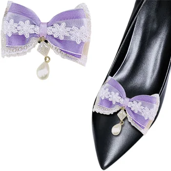Mor Yay ayakkabı tokaları İnci Kolye ayakkabı tokası Zarif Dantel Ayakkabı Süsleme Ayrılabilir Ayakkabı Dekorasyon Bayanlar için 1 Çift
