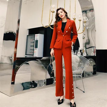 Ofis Bayanlar Kırmızı kadın pantolonları Takım Elbise Kadın Kruvaze Blazer Ceket ve Yüksek Bel Pantolon Kadın İş Giysisi 2 Parça Set