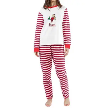Pijama 1 Takım Rahat Çizgili Elastik Bel Pijama Yetişkin Çocuklar aile pijamaları Seti Yuvarlak Boyun Festivali için
