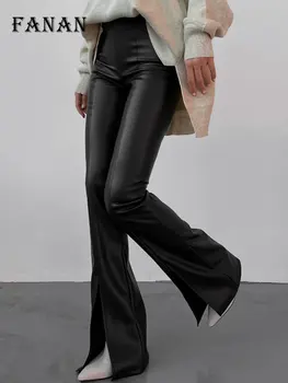 PU Deri Flare Pantolon Kadın Seksi Bölünmüş Kulübü Parti ince pantolon Sonbahar Kış Moda Chic Gotik Yüksek Bel Pantolon Siyah Beyaz