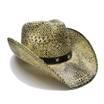 Retro Kadın Erkek Yaz Saman Geniş Ağız Plaj Hollow-out Batı Cowgirl Fedora kovboy şapkası Beş Köşeli Yıldız Deri Bant 58 cm