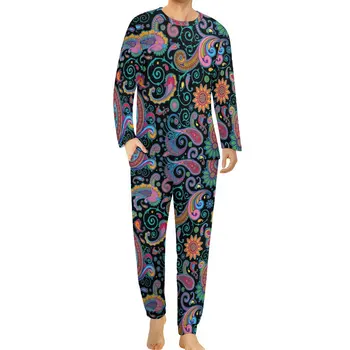 Retro Paisley Baskı Pijama Sonbahar Renkli Çiçek Zarif Pijama Set Erkek Uzun Kollu Odası Özel Pijama Büyük Boy 5XL 6XL