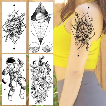 Sahte Geometrik Gezegenler Su Geçirmez Siyah Çiçek Geçici Dövme Sticker Astronot Çıkartma Yetişkin Vücut Sanatı Dövme Dekorasyon İçin Dövme 