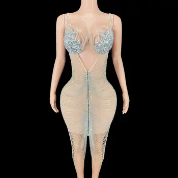 Seksi Örgü Performans Lüks Gümüş Rhinestones Zincirler Kristal Elbise Doğum Günü Kutlamak Akşam Balo Elbise Kostüm Sahne Giyim