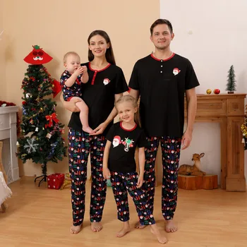 Siyah Noel Eşleşen Aile Kıyafetleri Pijama anne ve ben Santa kafa baskı Elbise Anne ve Kızı Aile Bak