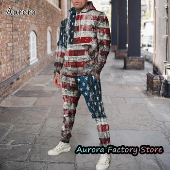 Sonbahar erkek Amerikan Bayrağı Desen Hoodie Seti Eşofman Vintage Kıyafet Uzun Kollu Kapüşonlu Takım Elbise Rahat Eşofman Erkek Giyim