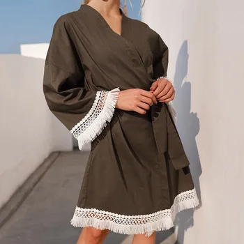 Sonbahar Pamuk ve Keten Sabahlık Rahat Gevşek Sabah Elbiseler Uzun Kollu Pijama Mujer Ev gece elbisesi Kadın bornoz