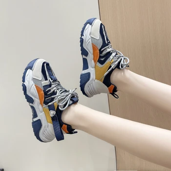 Tasarım Mavi Renk Tıknaz Kadın Ayakkabı 2022 Moda Sonbahar Yeni kadın Sneakers Dantel-Up Baba Ayakkabı Moda Kızlar rahat ayakkabılar
