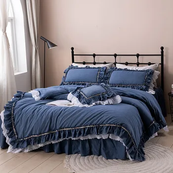 Washed cotton solid color embroidery ruffles skirt-style bedding set покрывало для кровати blue ropa de cama duvet cover set