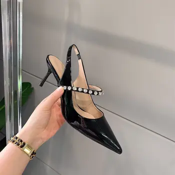 Yaz Bayan Pist Kadın Ayakkabı Hakiki Deri Kristal Strass Slingback Sivri Burun Strappy Yüksek Topuklu Sandalet Zapatos Mujer