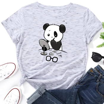 Yaz Kadın T Shirt Panda Koymak Makyaj Moda Kadın T-shirt %100 % Pamuk O-boyun Kısa Kollu T-Shirt Yeni Casual Tops