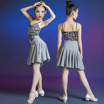 Yaz Çocuk Latin Dans Elbise kız Uygulama Latin Yarışması Kostümleri Profesyonel Performans İki Parçalı Leopar Etekler