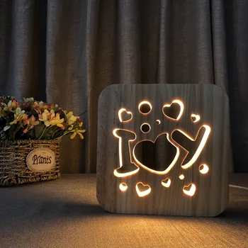Yeni Ahşap Aşk Gece Lambası USB Tak Sıcak ışık Başucu Atmosfer Lamba 3D Etkisi Uyku Gece Lambası Yatak Odası masa lambası Ev Deco