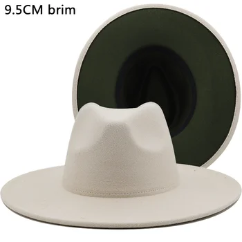 Yeni Dış bej İç yeşil Yün Keçe Caz fötr şapkalar İnce Kemer Tokası ile Erkekler Kadınlar 9.5 CM Geniş Kenarlı Panama Fötr Kap 56-58CM